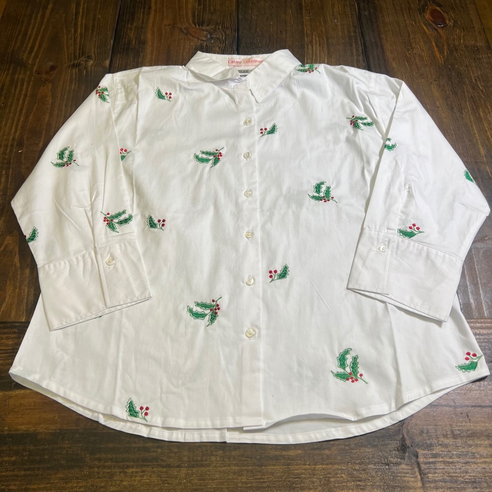 Casey‎ Coleman Womens Large White Cotton Holly Berry Embroidered Shirt vintage